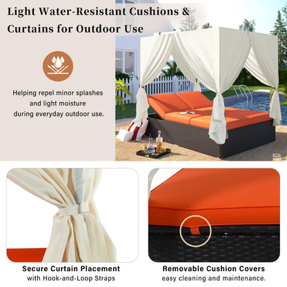 Outdoor Double Chaise Lounge Daybed with Curtains