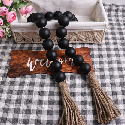 18-bead Large-size Bead Necklace With Hemp Rope Tassels And Wooden Beads