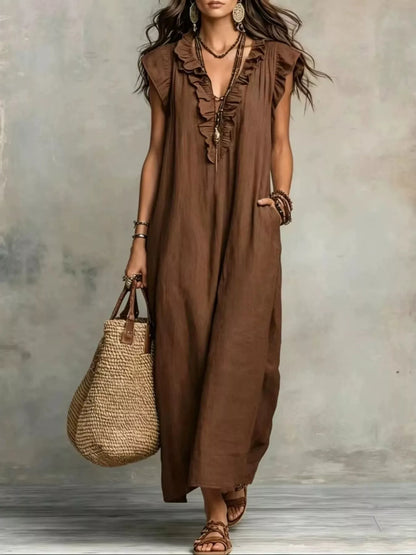 Ruffled V-Neck Cap Sleeve Maxi Dress