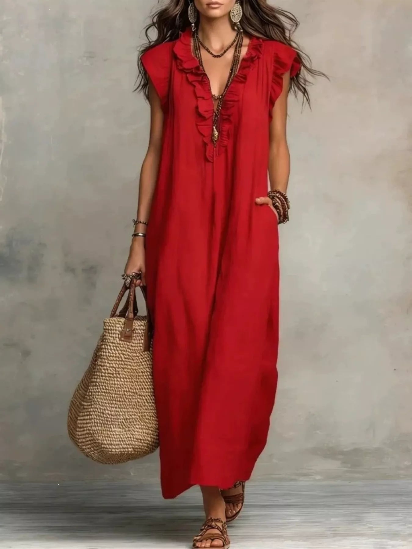 Ruffled V-Neck Cap Sleeve Maxi Dress