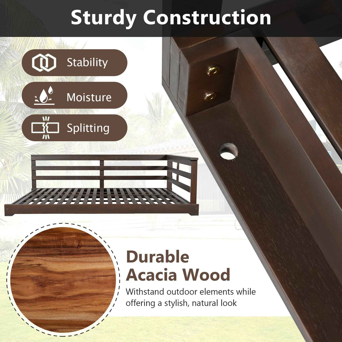 Acacia Wood Porch Swing Bed for Outdoors with Hemp Ropes - Full Size