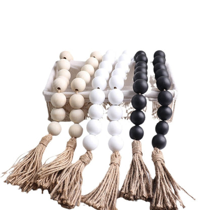 18-bead Large-size Bead Necklace With Hemp Rope Tassels And Wooden Beads