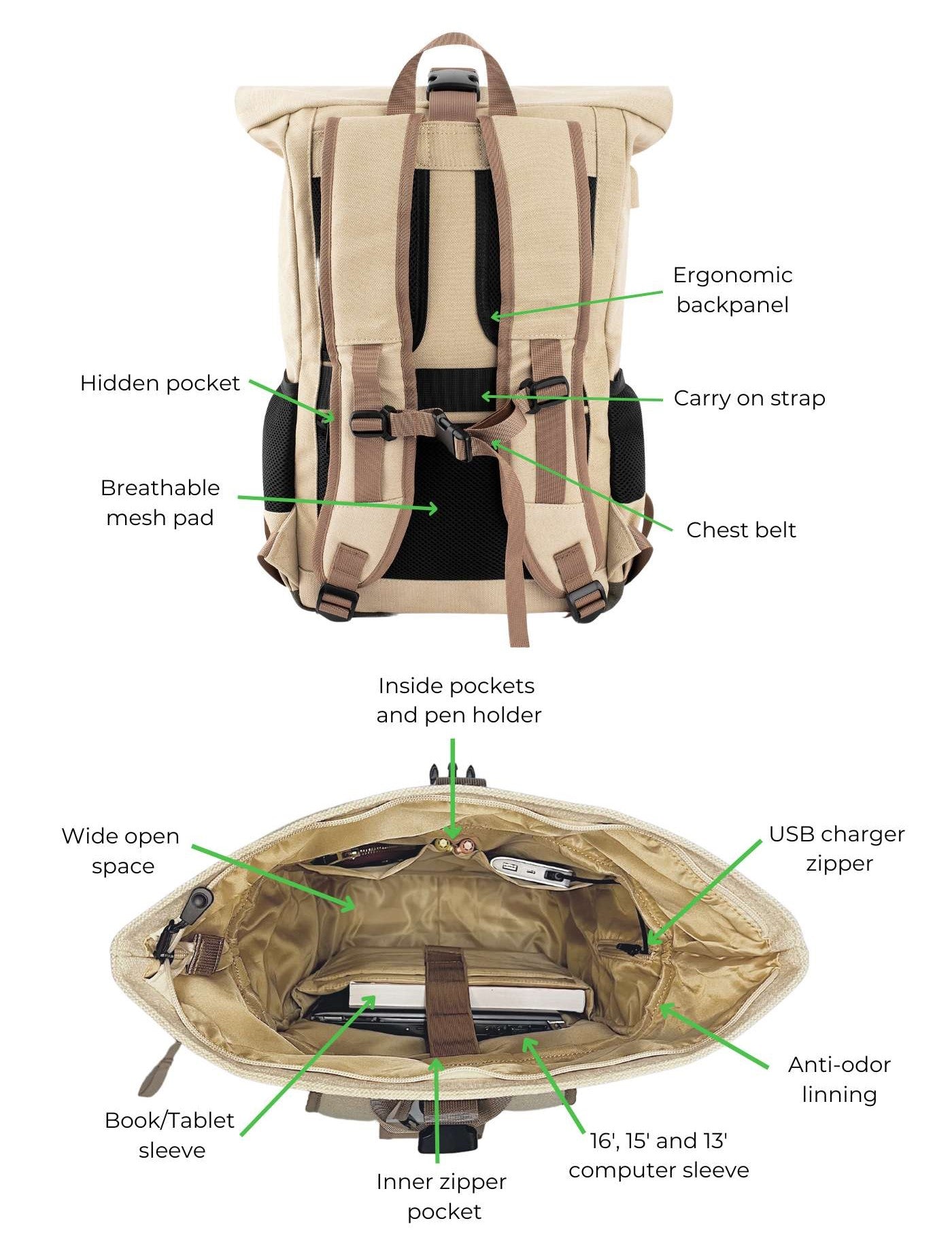 Extra large Hemp Rolltop Backpack in Beige and Green