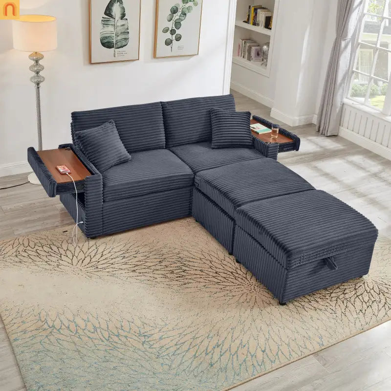 L-Shape Corduroy Sofa w/ USB Charging & Storage
