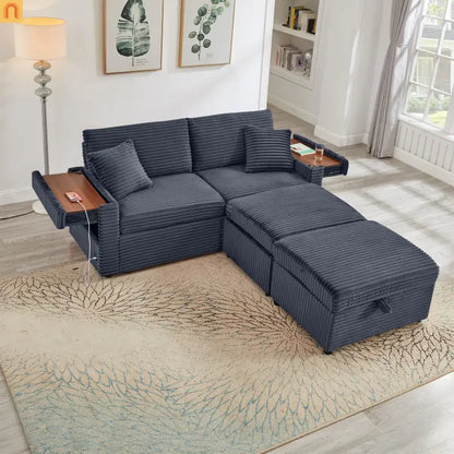 L-Shape Corduroy Sofa w/ USB Charging & Storage
