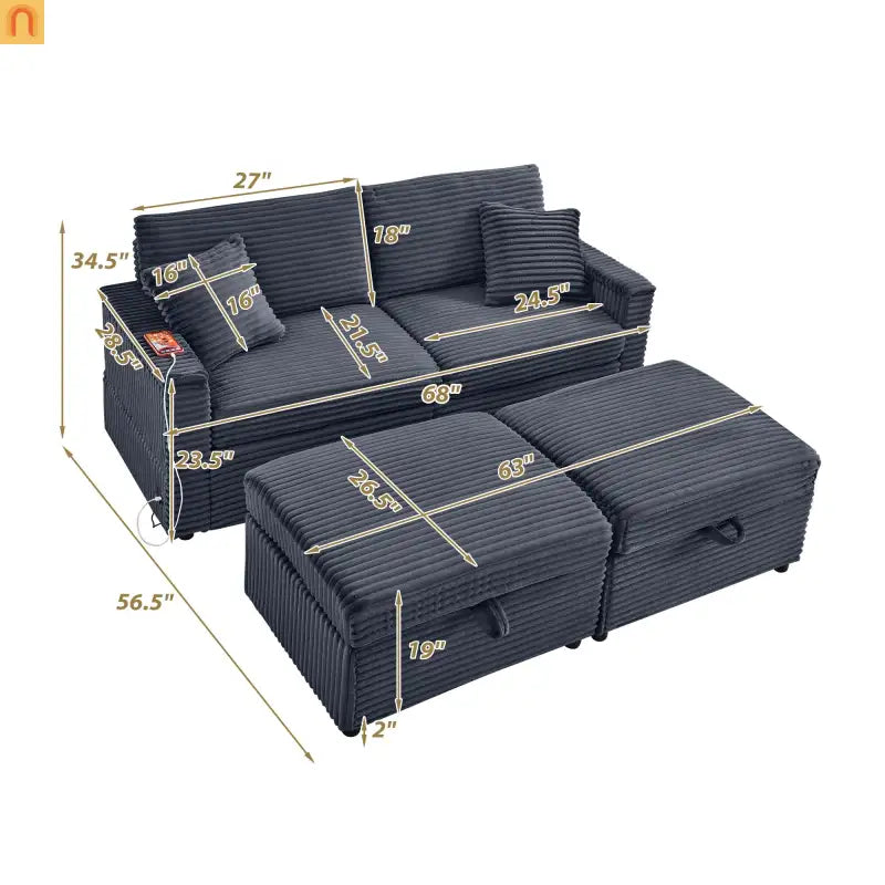 L-Shape Corduroy Sofa w/ USB Charging & Storage