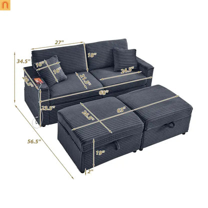 L-Shape Corduroy Sofa w/ USB Charging & Storage