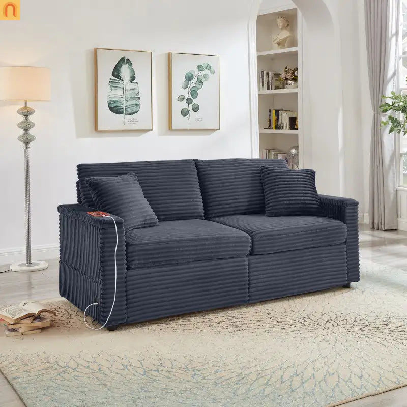 L-Shape Corduroy Sofa w/ USB Charging & Storage