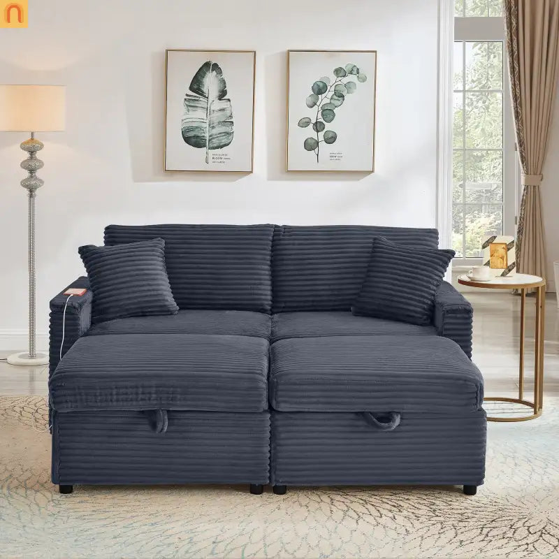 L-Shape Corduroy Sofa w/ USB Charging & Storage
