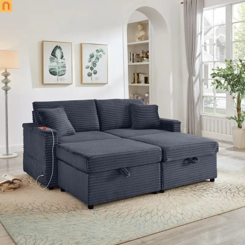 L-Shape Corduroy Sofa w/ USB Charging & Storage