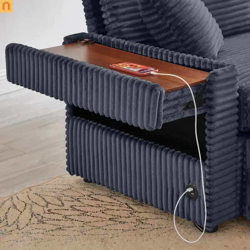 L-Shape Corduroy Sofa w/ USB Charging & Storage