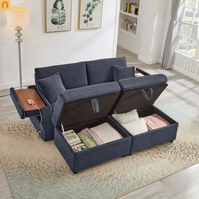 L-Shape Corduroy Sofa w/ USB Charging & Storage