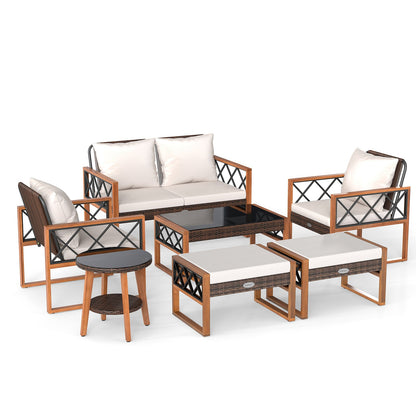 7 Piece Wicker Acacia Wood Patio Set