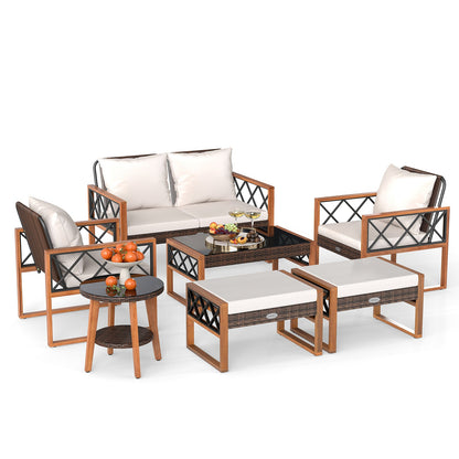 7 Piece Wicker Acacia Wood Patio Set