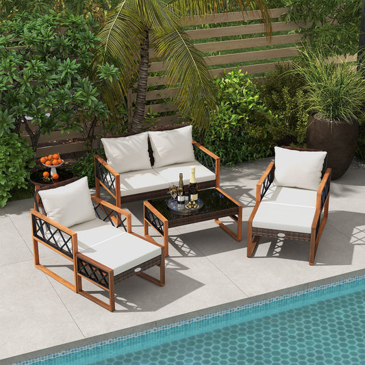7 Piece Wicker Acacia Wood Patio Set