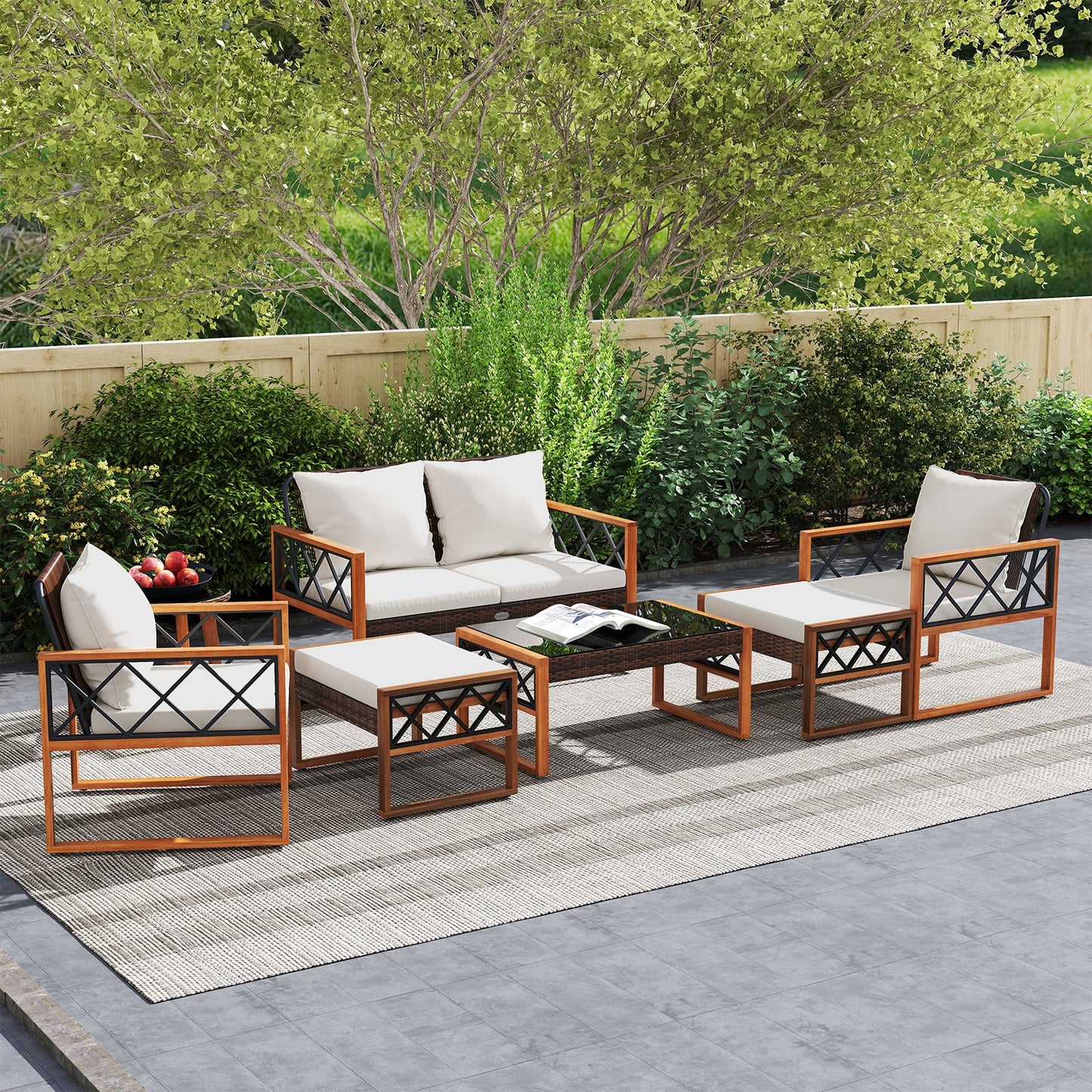 7 Piece Wicker Acacia Wood Patio Set