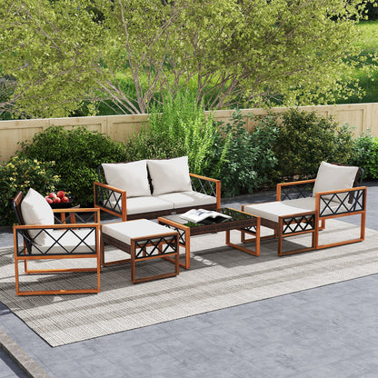 7 Piece Wicker Acacia Wood Patio Set