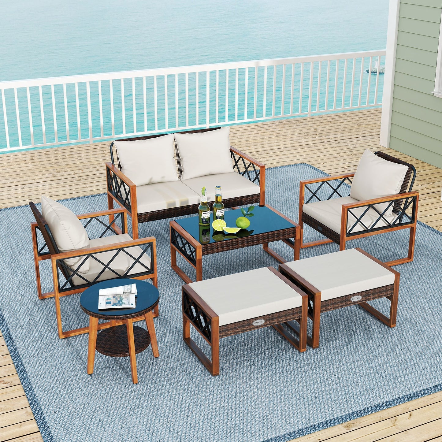 7 Piece Wicker Acacia Wood Patio Set