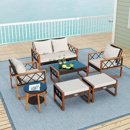 7 Piece Wicker Acacia Wood Patio Set