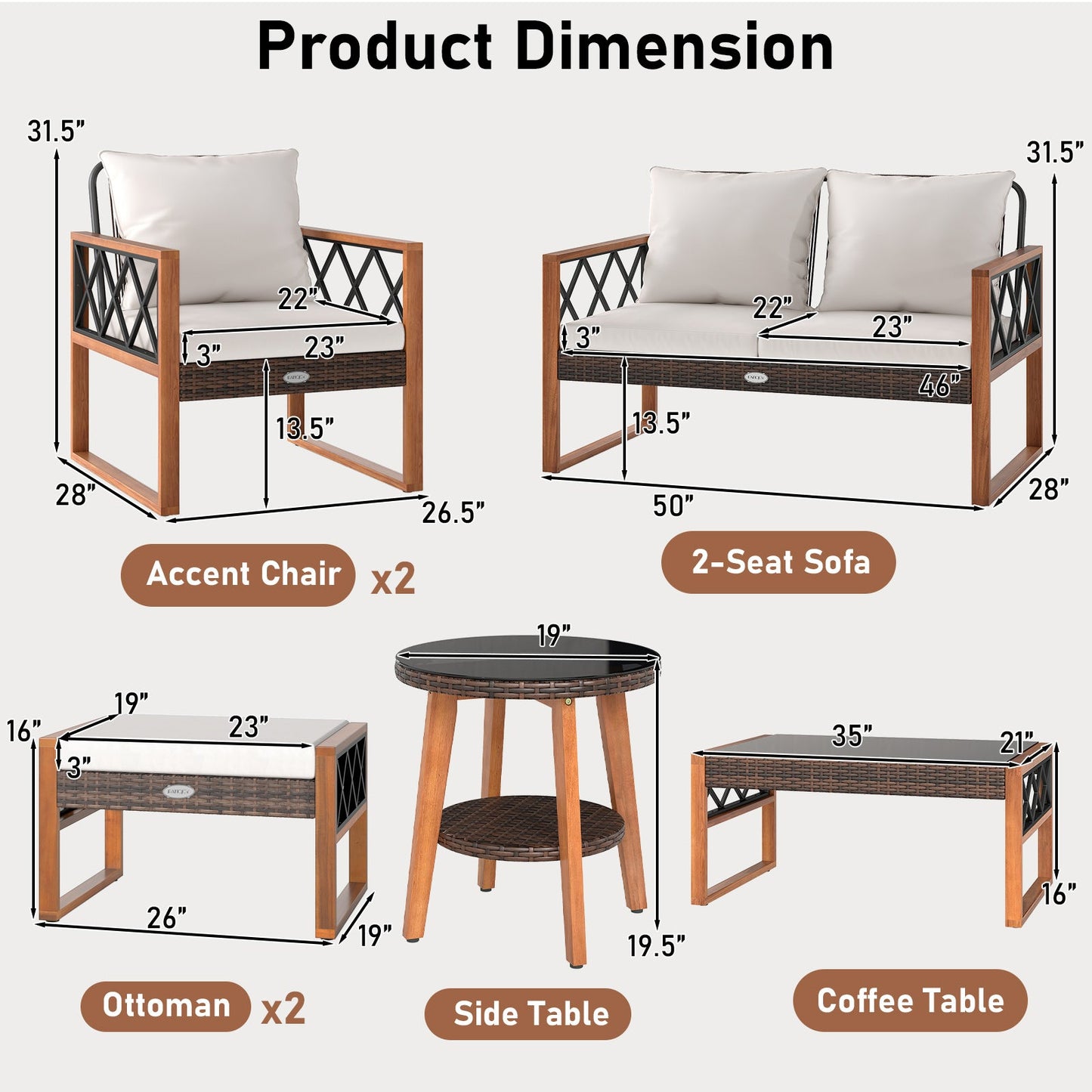 7 Piece Wicker Acacia Wood Patio Set